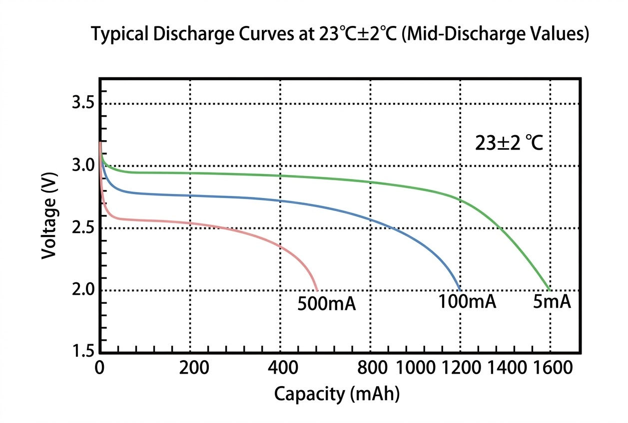 Typical Discharge Curves at 23℃±2℃ (Mid-Discharge Values)