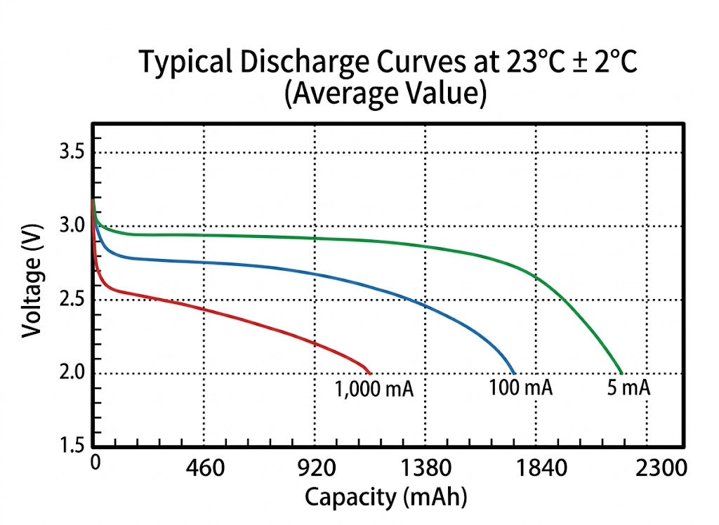 Typical Discharge Curves at 23℃ ± 2℃ (Average Value)