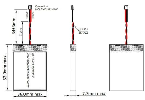 Key feature for CP753550 Li-MnO2 Pouch Battery