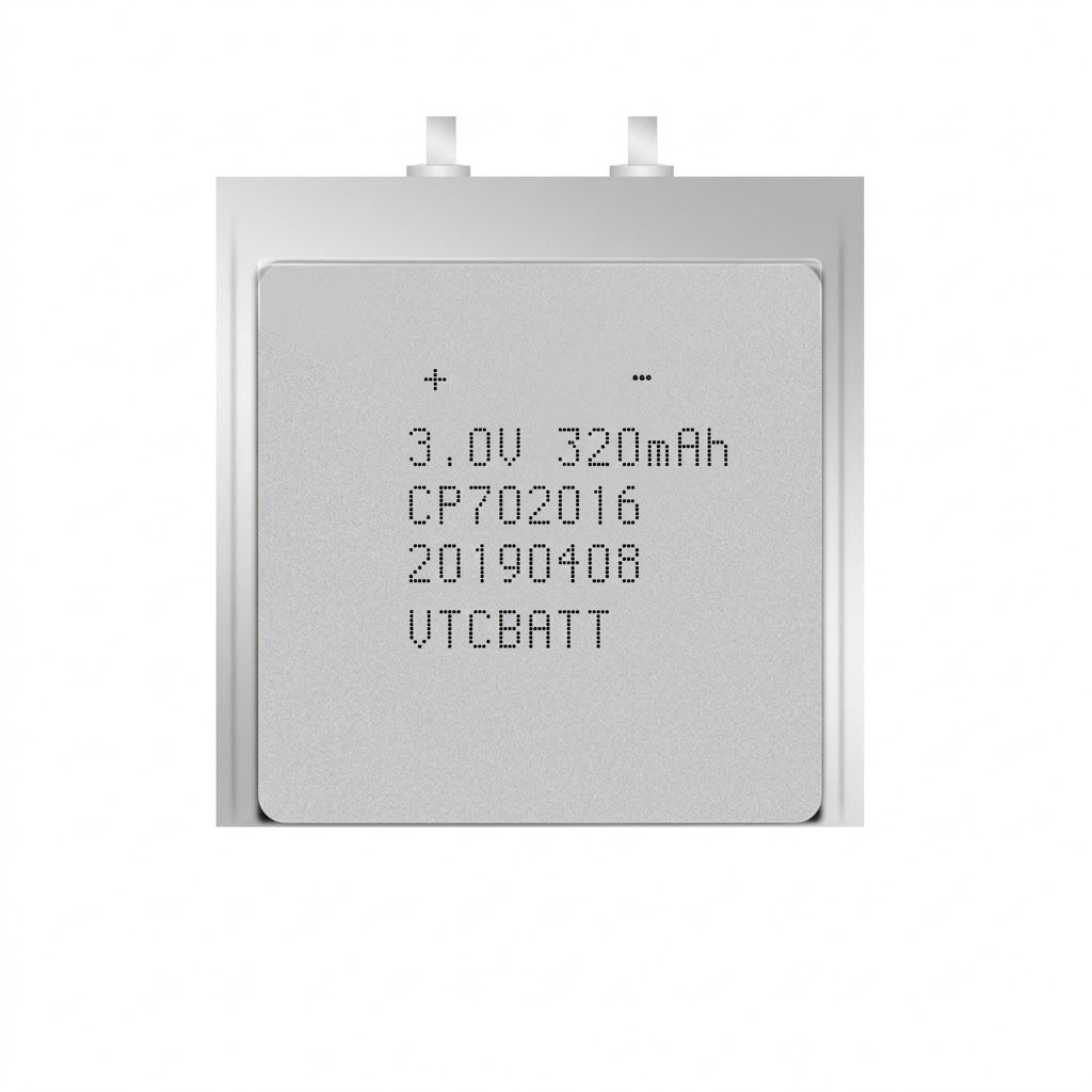 CP702016 3.0V 320mAh Li-MnO2 pouch battery for utility meter, security detector, memory backup, medical patch, compact IoT device product view