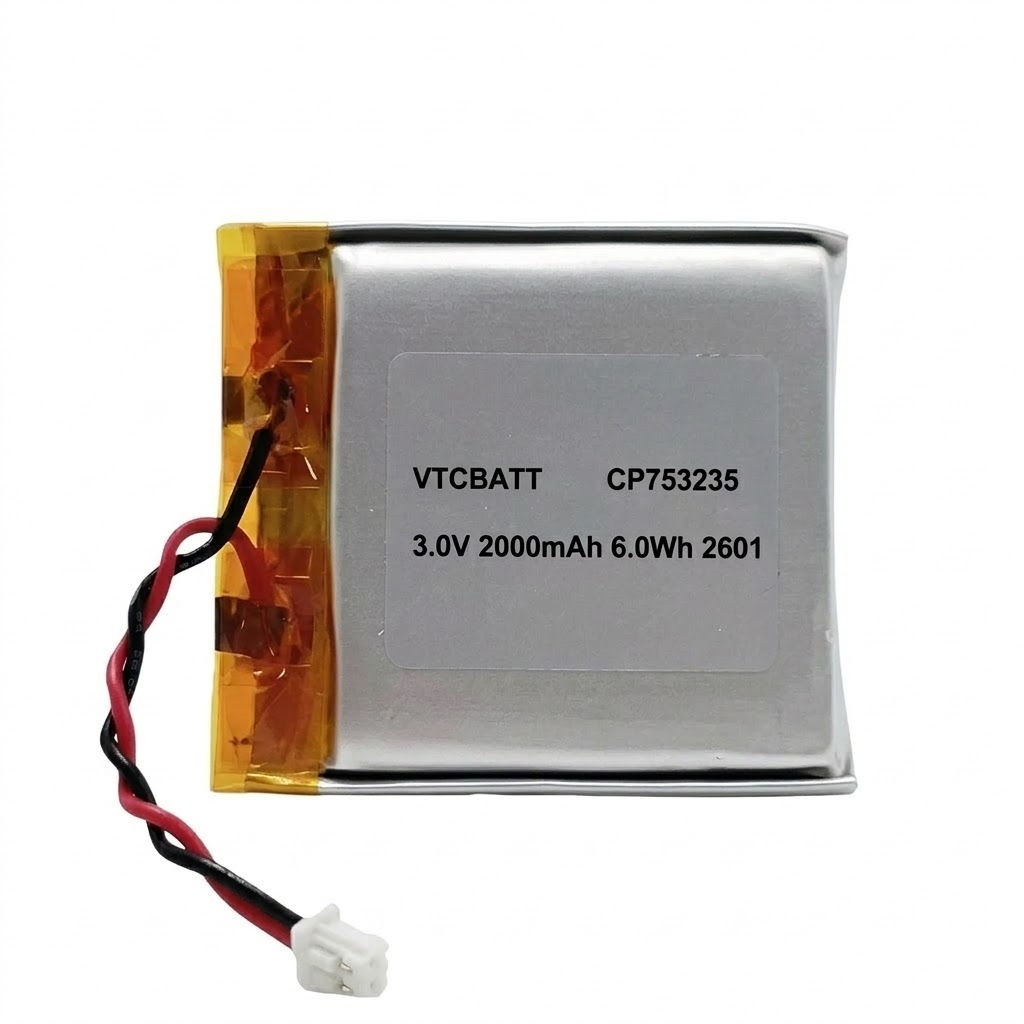 CP753235 2000mAh 3.0V Li-MnO2 pouch battery for smart electricity meters, IoT temperature and humidity sensors, and container asset tracking devices. product view