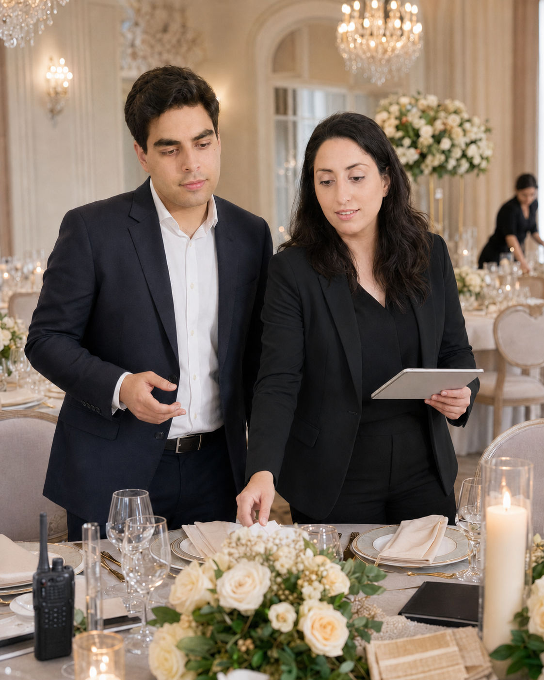 Mohsin and Safina conducting the final tablescape inspection before guests arrive at a luxury London wedding reception