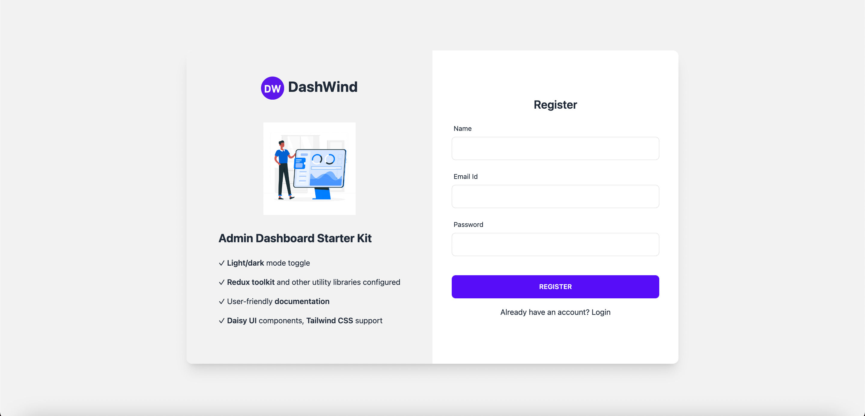 Free admin dashboard template using Daisy UI, React js and Tailwind CSS Free admin dashboard template using Daisy UI, React js and Tailwind CSS