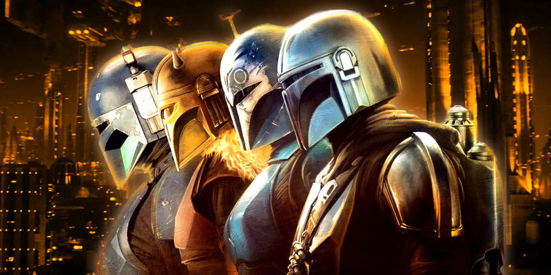 Din Djarin, Bo-Katan Kryze, the Armorer, and Paz Vizsla with Coruscant in the background