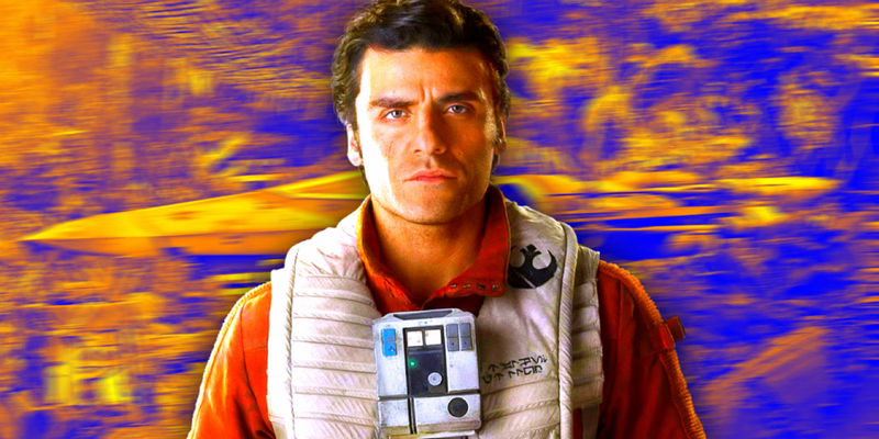 Oscar Isaac as Poe Dameron for The Force Awakens with his X-wing in the background