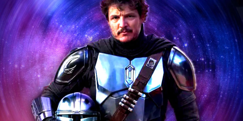 Pedro Pascal as Din Djarin stands with his helmet off superimposed over a starry sky for The Mandalorian