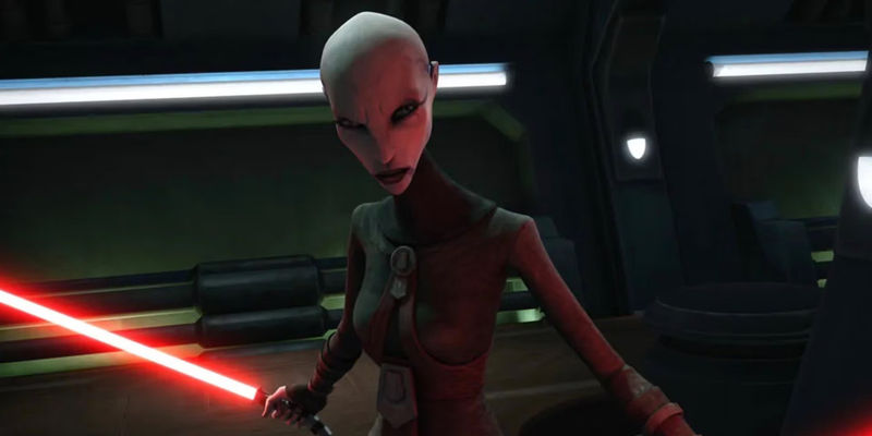 Asajj Ventress prepares to fight Dooku in The Clone Wars series