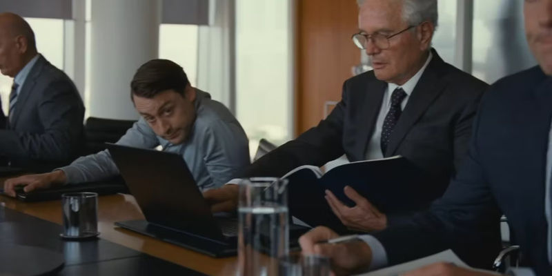 Kieran Culkin as Roman Roy after texting his father Logan Roy in Succession Season 3, Episode 8, “Chiantishire”