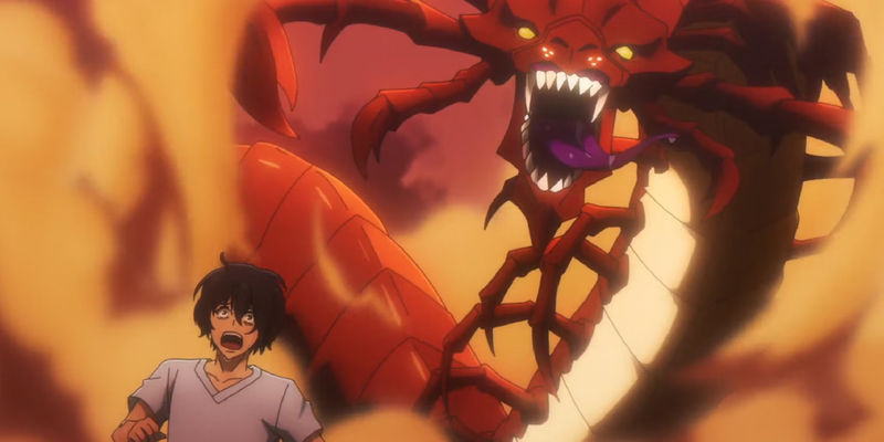 Sung Jinwoo being chased by a monstruous caterpillar in Solo Leveling