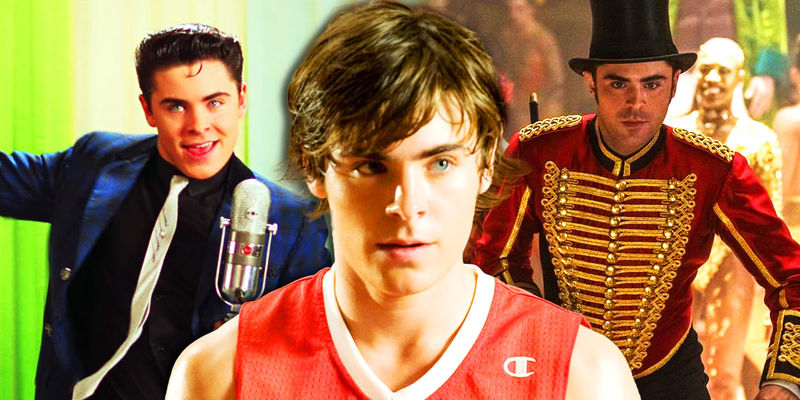 A layered image of Zac Efron in Hairspray, High School Musical 3, and The Greatest Showman.
