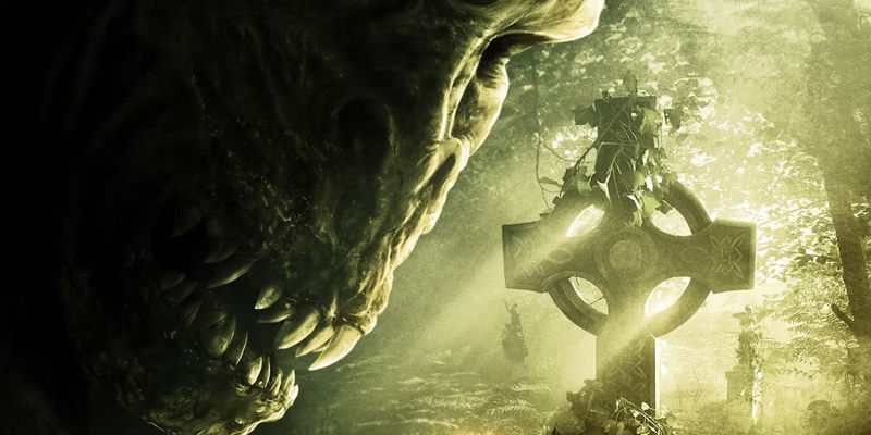 The poster for Leprechaun Origins featuring the creature and a cross.