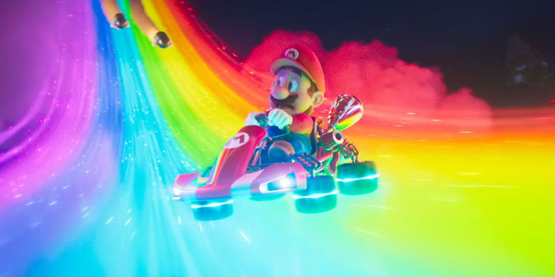 Mario on a rainbow road in The Super Mario Bros Movie