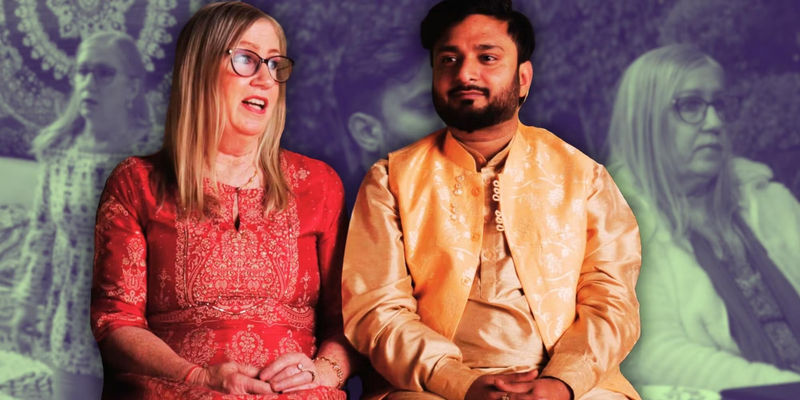 Jenny wearing red dress and Sumit in yellow kurta from 90 Day Fiancé sitting next to each other