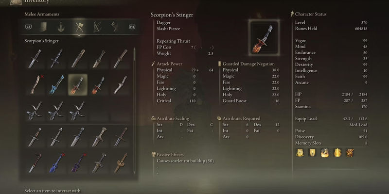 Scorpion's Stinger Stats in Elden Ring