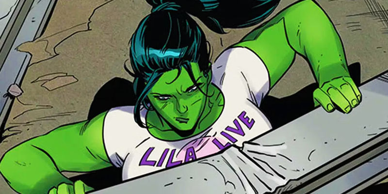 She-Hulk trapped under a beam in Marvel Comics