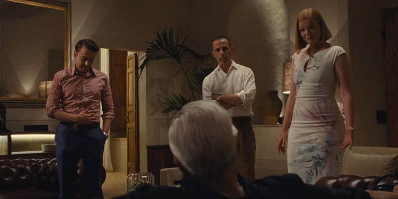 Shiv, Kendall, and Roman confronting Logan in Succession episode All The Bells Say