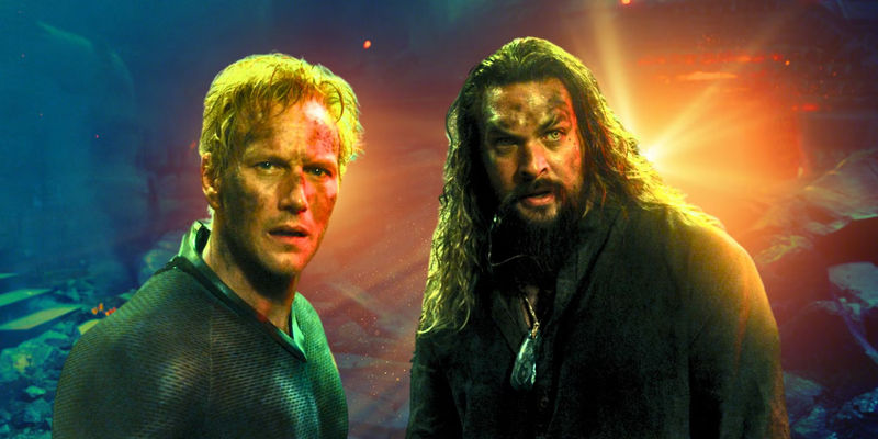 Aquaman 2 Jason Momoa as Aquaman and Patrick Wilson as Orm stood looking confused