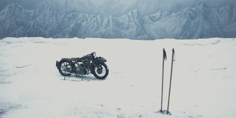 A motorbike and skis in The Grand Budapest Hotel