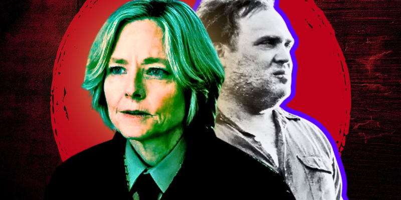 Liz Danvers and Errol Childress in front of a red circle in True Detective