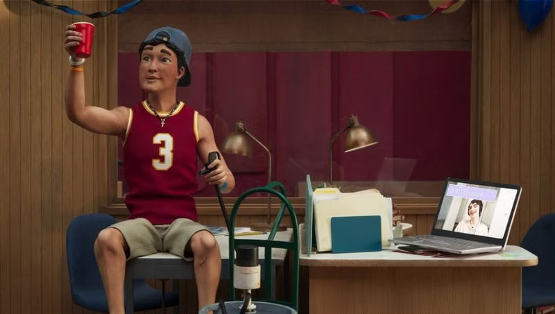 In The Know Chase raising a red cup and holding the hose of a keg as Finn Wolfhard watches from a monitor.