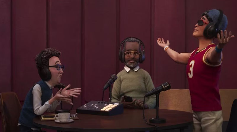 In The Know Lauren looking exasperated talking to Chase at the opposite end of a table, Carl sits in the middle.