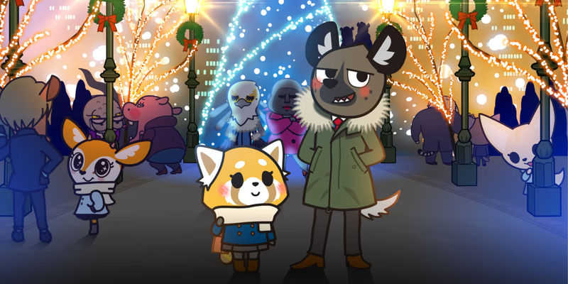 Retsuko and Haida standing outside among twinkle lights on trees in the Aggretsuko Metal Christmas Special
