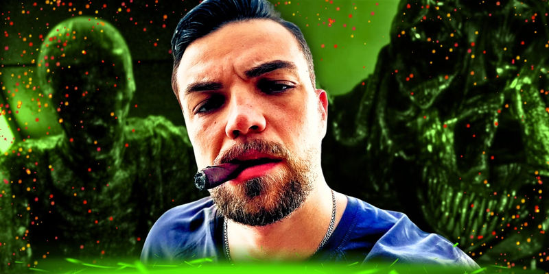 90 Day Fiance's Andrei Castravet, with a monster montage in the background