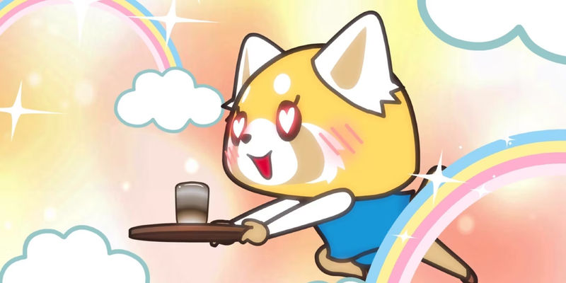 Retsuko with heart eyes holding a hot beverage on a tray with clouds and rainbows around her