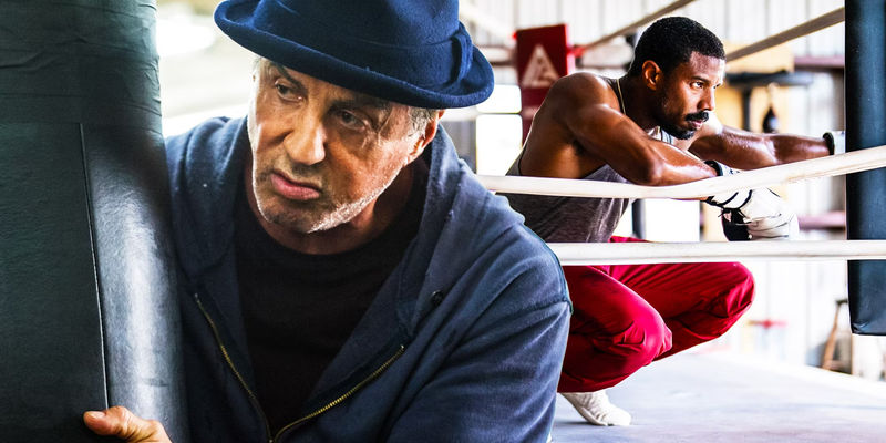 An image of Sylvester Stallone as Rocky over an image of Michael B Jordan as Adonis Creed
