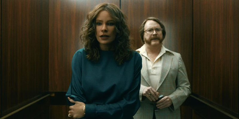 Sofía Vergara as Griselda Blanco and Christian Tappan as Arturo Mesa in an elevator scene from Griselda. (1)