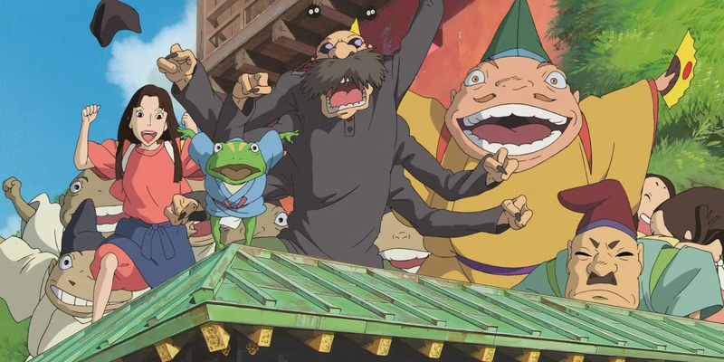 Kamaji and the other bathhouse employees cheering on a rooftop in Spirited Away.