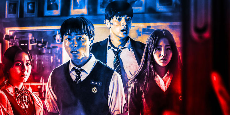 On-jo, Cheong-san, Su-hyeok, and Nam-ra on the poster for All of Us Are Dead