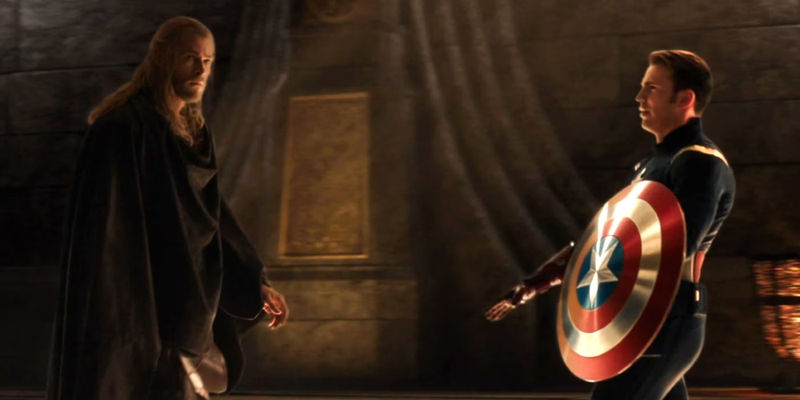 Chris Hemsworth's Thor looking on as Loki shape-shifts into Chris Evans' Captain America in Thor: The Dark World 