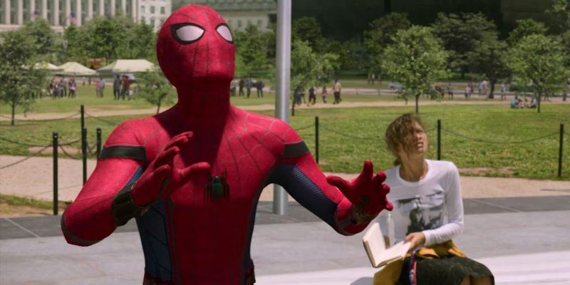 Tom Holland as Spider-Man in Spider-Man: Homecoming looked surprised