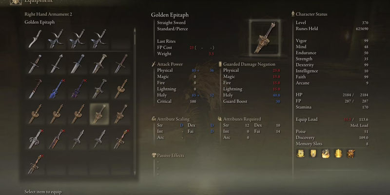 Golden Epitaph Stats in Elden Ring
