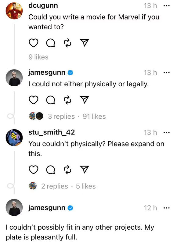 On Threads, James Gunn revealed that he can't write another MCU movie now that he is at DC