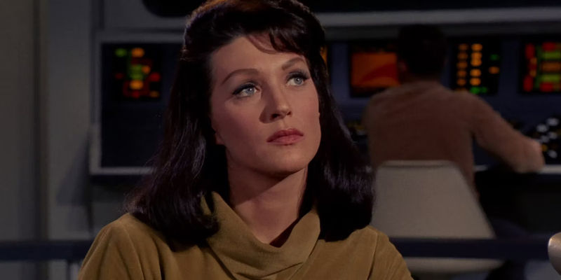 Majel Barrett as Number One on the bridge in Star Trek: TOS 