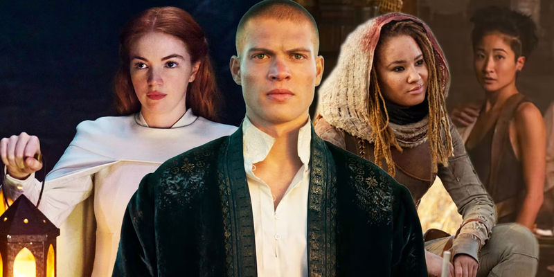 Ceara Coveney as Elayne, Josha Stradowski as Rand, Kae Alexander as Min, and Ayoola Smart as Aviendha in The Wheel of Time