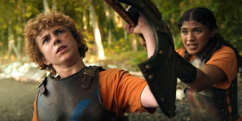 Percy blocking a spear in his fight with Clarisse in Percy Jackson episode 2