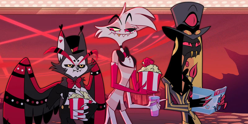 Husk, Angel, and Sir Pentious eat popcorn in Hazbin Hotel