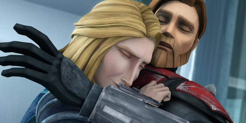 Obi-Wan Kenobi and Satine Kryze hugging in The Clone Wars