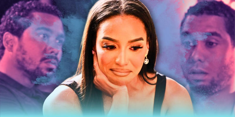 Montage of The Family Chantel's Chantel Everett and Pedro Jimeno pink and blue background