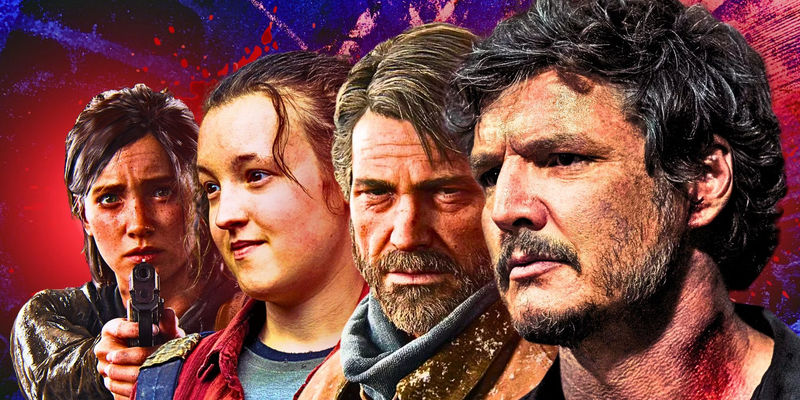 A blended image of various versions of characters from The Last of Us TV show and their video game counterparts