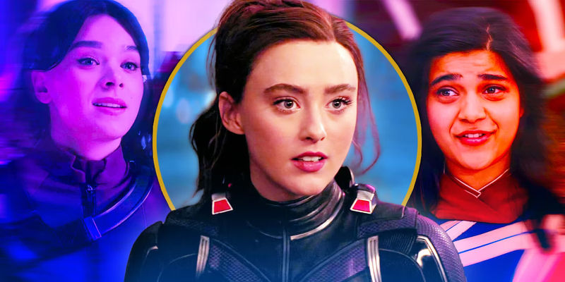Cassie Lang, Kate Bishop, and Kama Khan in MCU split image