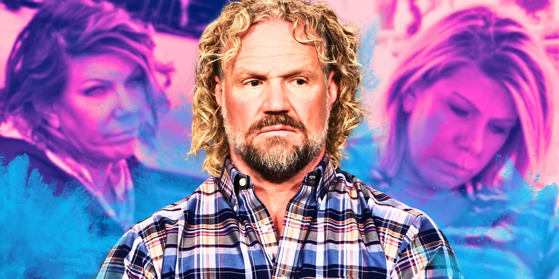 Sister Wives' Kody Brown and Meri brown montage with pink and blue background