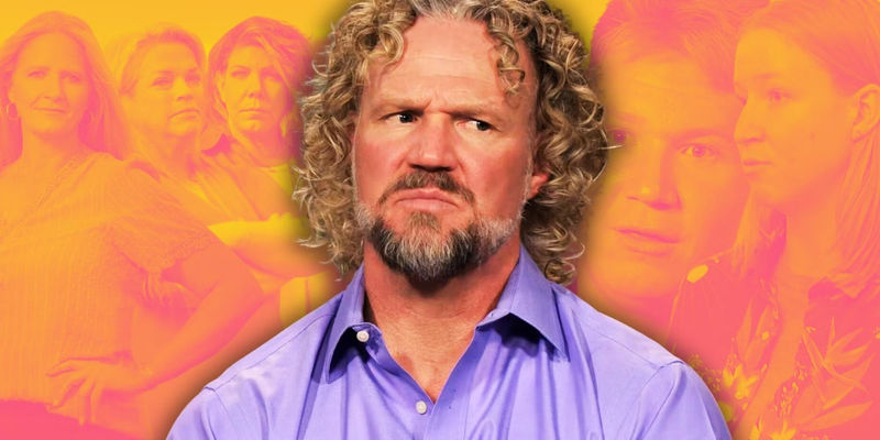 Sister Wives Kody Brown in purple shirt with orange background serious expression