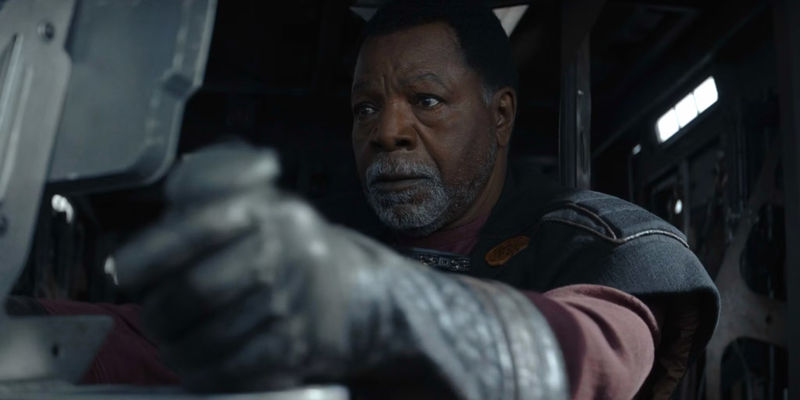 Carl Weathers as Greef Karga targets TIE fighters in The Mandalorian season 2 episode 4
