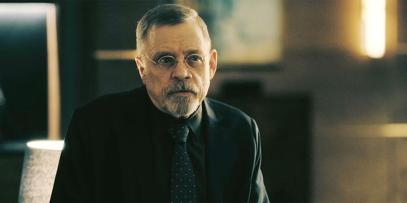 Mark Hamill looking serious as Arthur Pym in the Fall of the House of Usher episode 3