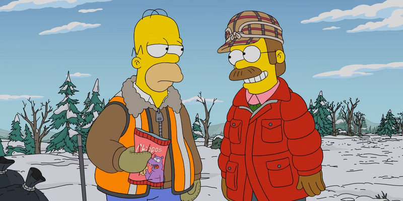 Ned smiles at an annoyed Homer in The Simpsons A Serious Flanders