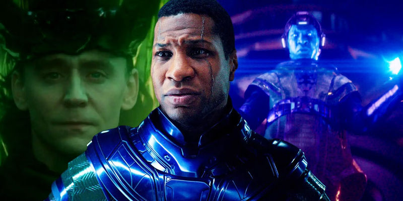 Avengers Kang dynasty Jonathan Majors, blended image with Majors as Kang in Qunatumania flying in costume, and a close-up looking emotional, with Loki from the Loki season 2 finale